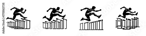 Modern Minimalist Men Jumping Hurdles Icon, Flat Silhouette of an Athlete Vector for Track Sports Illustration Design