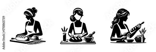 Modern Minimalist Woman Making Bread Icon, Flat Silhouette of a Half-Body Female Figure Vector for Culinary Illustration Design