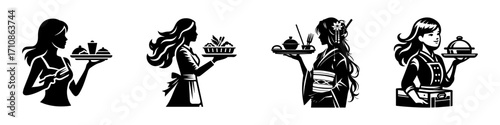 Modern Minimalist Woman Carrying Tray of Food Icon, Flat Silhouette of a Half-Body Female Figure Vector for Culinary Illustration Design