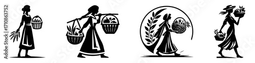 Modern Minimalist Woman Carrying Basket of Food Icon, Flat Silhouette of a Market Figure Vector for Culinary Illustration Design