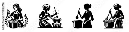 Modern Minimalist Woman Stirring Pot Icon, Flat Silhouette of a Cooking Figure Vector for Kitchen Illustration Design