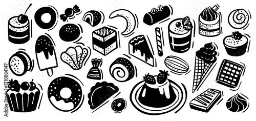 Black and white vector illustrations of desserts including cakes, donuts, ice cream, candy, macarons, waffles, and pudding. Perfect for bakery branding, menus, packaging, posters, and cafe design.