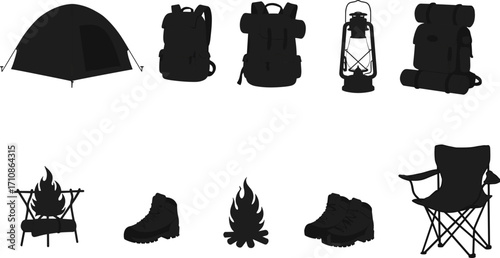 A set of black and white camping and hiking gear silhouettes, including tents, backpacks, bonfires, and other outdoor essentials