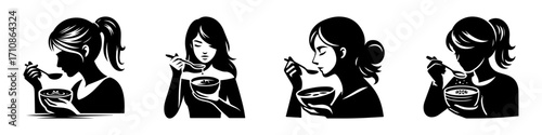 Modern Minimalist Woman Tasting Soup Icon, Flat Silhouette of a Half-Body Female Figure Vector for Culinary Illustration Design