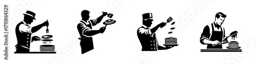 Modern Minimalist Men Flipping Pancakes Icon, Flat Silhouette of a Kitchen Cooking Vector for Breakfast Illustration Design