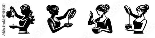 Modern Minimalist Woman Pouring Sauce Icon, Flat Silhouette of a Female Figure Vector for Cooking Illustration Design