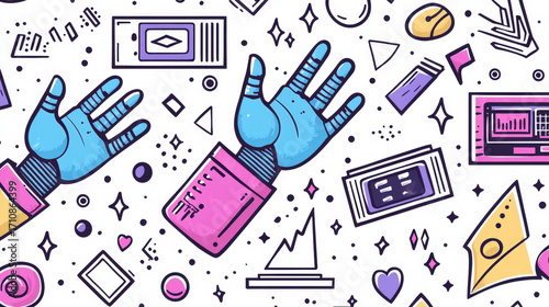 Colorful seamless pattern featuring robotic arms, geometric shapes, and technology icons on white background, creating playful and futuristic design