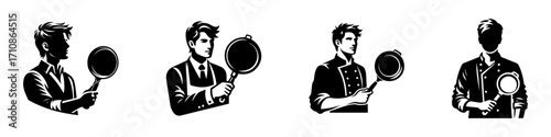 Modern Minimalist Man Carrying Pan Icon, Flat Silhouette of a Kitchen Cooking Vector for Meal Illustration Design