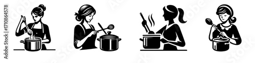 Modern Minimalist Woman Stirring Pot Icon, Flat Silhouette of a Half-Body Female Figure Vector for Culinary Illustration Design