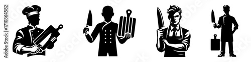 Modern Minimalist Men Holding Knife and Board Icon, Flat Silhouette of a Kitchen Cooking Vector for Food Preparation Illustration Design