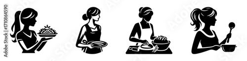 Modern Minimalist Woman Carrying Tray of Food Icon, Flat Silhouette of a Half-Body Female Figure Vector for Culinary Illustration Design
