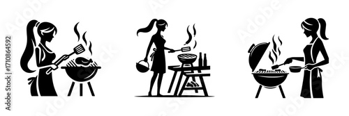 Modern Minimalist Woman Cooking on Grill Icon, Flat Silhouette of a Barbecue Figure Vector for Outdoor Illustration Design