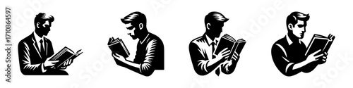 Modern Minimalist Man Reading Book Icon, Flat Silhouette of a Male Figure Vector for Educational Illustration Design