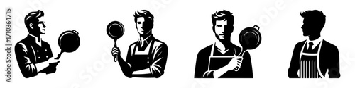 Modern Minimalist Man Holding Frying Pan Icon, Flat Silhouette of a Half-Body Male Figure Vector for Culinary Illustration Design