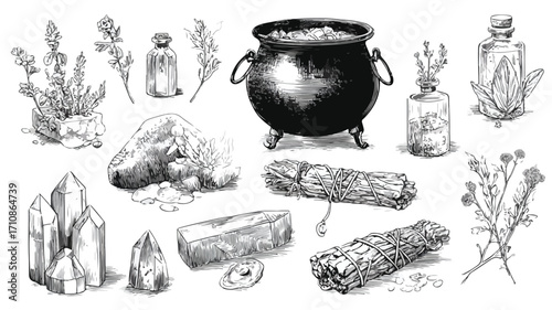 Enchanted Cauldron Engraved Collection: Mystical Alchemy Pot for Witchcraft