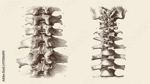 Detailed Engraved Illustration of Human Spine Anatomy