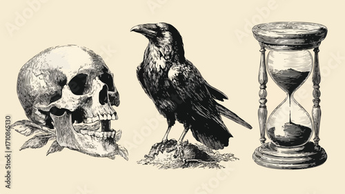 Detailed Engraved Illustration Set of Crow Skull and Hourglass