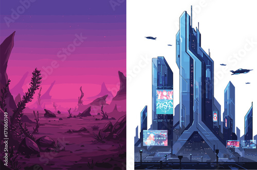 Alien terrain, futuristic cityscape, sci-fi contrast, neon skyline, space exploration, surreal environment, advanced technology, digital billboards, flying vehicles, cosmic horizon