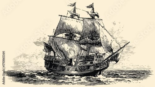 Vintage Engraved Pirate Ship Vector Illustration