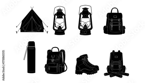 Camping gear silhouette icons, tent, lantern, backpack, hiking boot, thermos, outdoor equipment, black vector set, adventure travel essentials