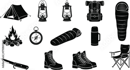 Camping gear silhouette icons, outdoor adventure essentials, tent, lantern, backpack, sleeping bag, campfire, compass, boots, knife, travel kit
