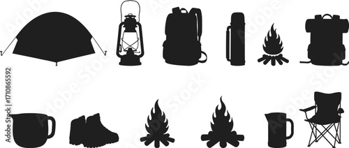 Camping gear silhouette icons, tent, lantern, backpack, boots, campfire, mug, thermos, chair, outdoor adventure equipment, travel essentials