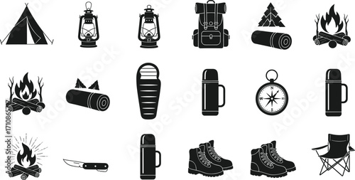 Camping icons vector set, outdoor adventure gear, tent, lantern, backpack, campfire, boots, sleeping bag, compass, nature travel essentials