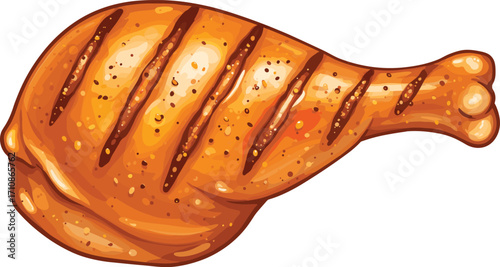 Cartoon grilled chicken drumstick, golden-brown texture, crispy surface, spicy seasoning, food illustration, tasty snack, barbecue meat, culinary design, icon