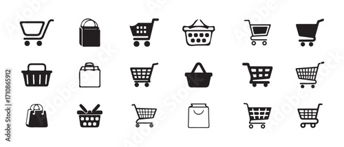 Set shop cart, basket, bag icon, buy and sale symbol, shopping basket bag icon, online purchase basket store symbol , vector illustration EPS 10.