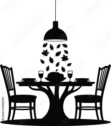 Elegant dining table setting with falling leaves silhouette