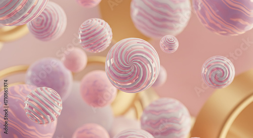 Whimsical pastel spheres and shimmering golden rings float gracefully in an enchanting abstract space, creating a delightful and sweet geometric background perfect for dreamy digital designs