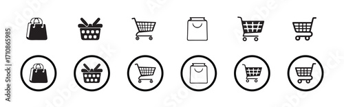 Set shop cart, basket, bag icon, buy and sale symbol, shopping basket bag icon, online purchase basket store symbol , vector illustration EPS 10.