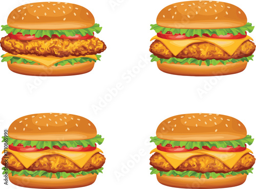 Chicken burgers with sesame buns, crispy fillets, cheese, lettuce, tomato slices, fast food meal, tasty snack, culinary texture, vibrant presentation