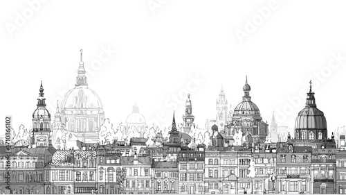 Elegant European Cityscape Illustration with Domes in Outline Style
