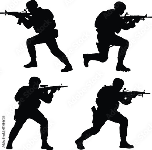 Four dynamic soldier silhouettes in combat poses silhouette