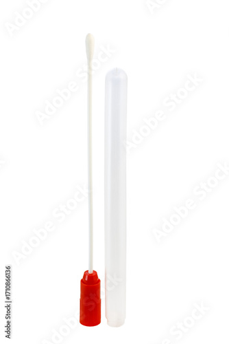 Sterile swab in a test tube for collecting secretions. Sterile tampon with a plastic handle and a cotton tip in a tube.
