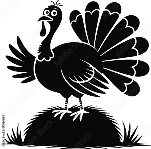 Funny cartoon turkey standing proudly on a haystack silhouette