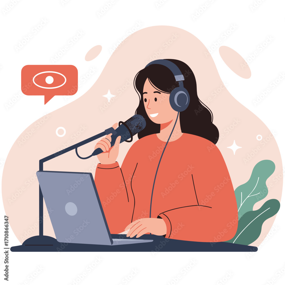 Fototapeta premium Young woman podcasting while using microphone and laptop indoors 