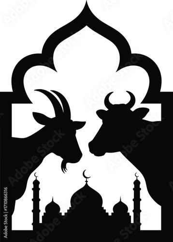 Islamic archway silhouette featuring goat cow and mosque for eid al adha