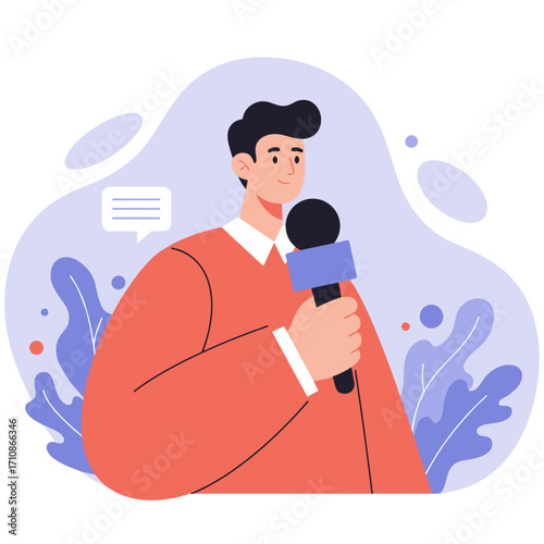 Young man holding microphone and preparing to speak on stage  