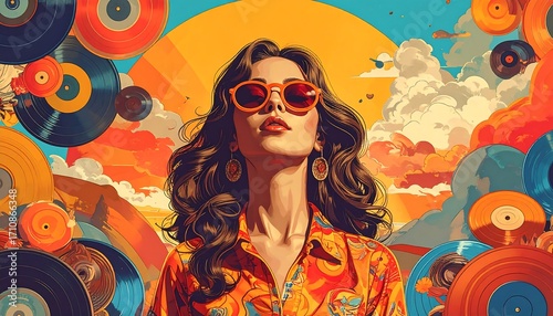 A woman in vibrant sunglasses, surrounded by a collage of colorful vinyl records, creates a dynamic and artistic composition with a retro aesthetic.