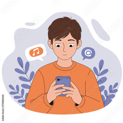Young man using smartphone while enjoying music in relaxed setting  