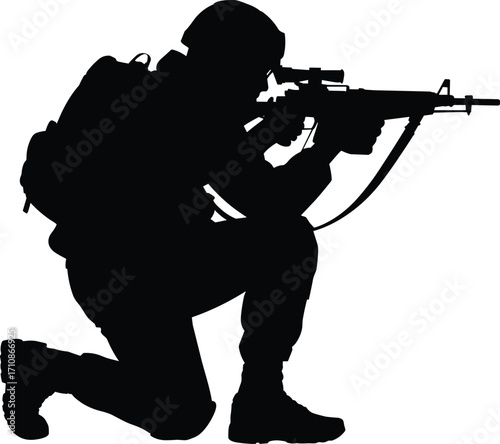 black soldier aiming rifle, kneeling silhouette clip art preview