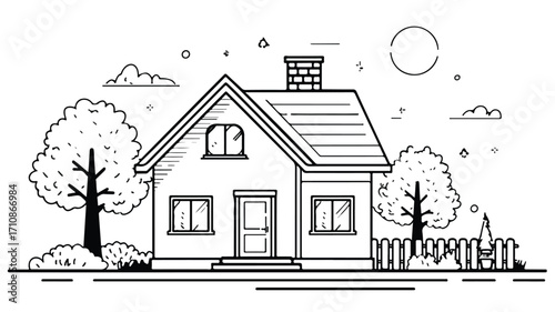 Cozy Family Home Outline Vector with Yard for Graphic Design Projects