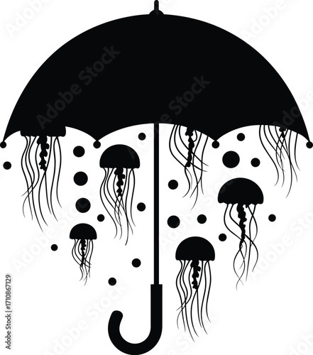 Surreal silhouette of an umbrella with jellyfish raining down