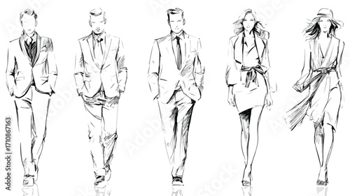 Chic Fashion Models Sketch White Vector Illustration