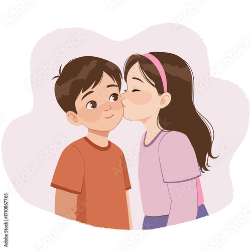 Young girl kissing smiling boy on cheeks in cute illustration  