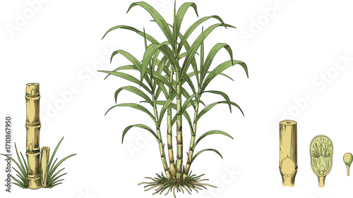 Sugarcane anatomy illustration, segmented stalks, vascular bundle cross-section, botanical plant structure, agricultural crop, educational diagram, tropical farming asset