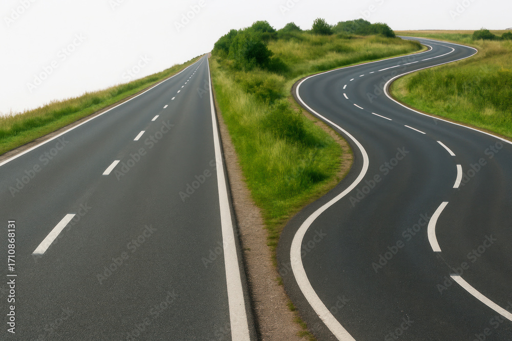 Obraz premium A straight road and a parallel winding road.