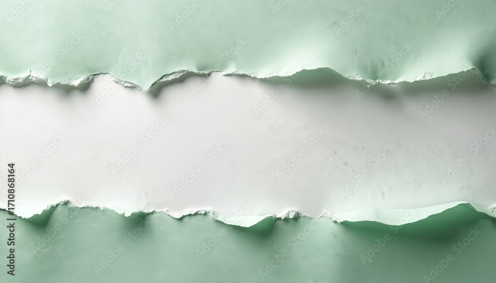 Fototapeta premium Two pastel light green paper pieces neatly torn. Creates horizontal opening, revealing clean white blank copy space. Jagged textured edges cast natural shadows. Perfect backdrop for creative ads,